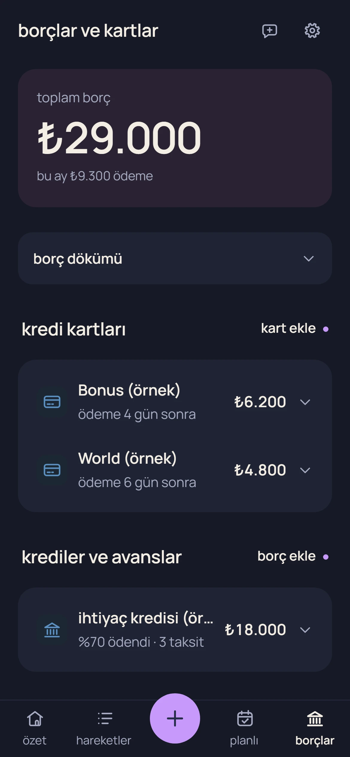 finanSr. debts screen with sample data: ₺29.000 in total, two credit cards and a loan that is 70% paid.