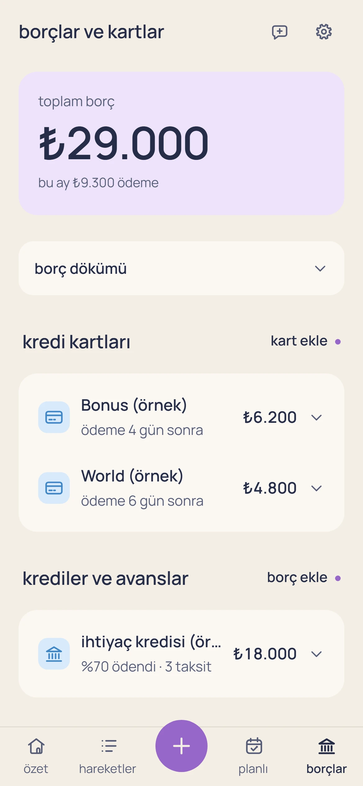 finanSr. debts screen with sample data: ₺29.000 in total, two credit cards and a loan that is 70% paid.