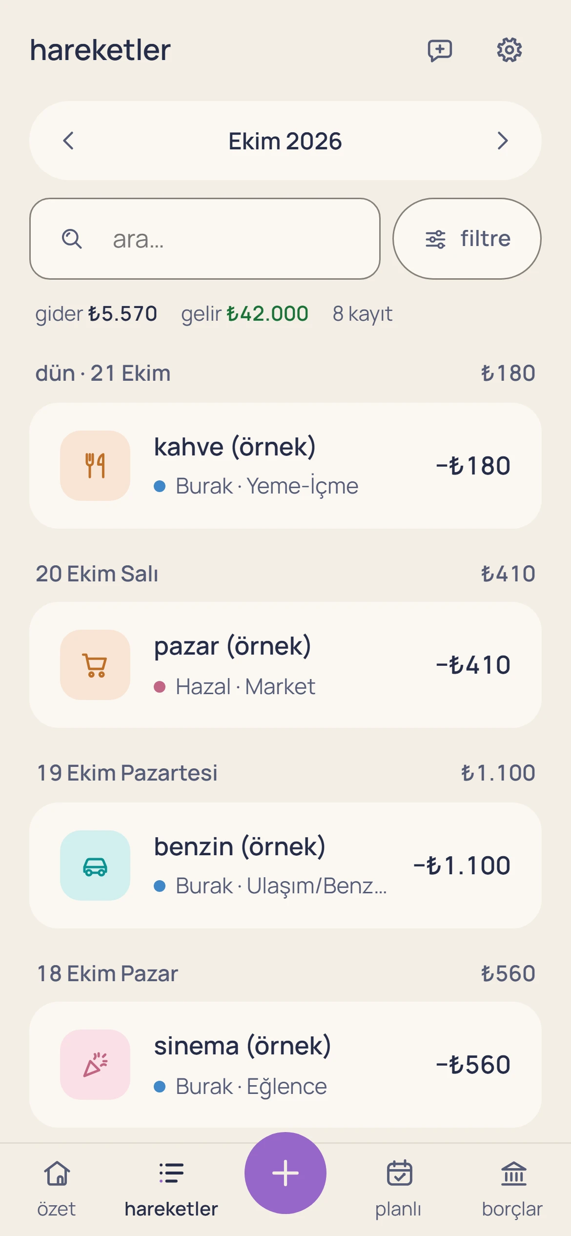 finanSr. transactions screen with sample entries grouped by day, each with a category icon and amount.