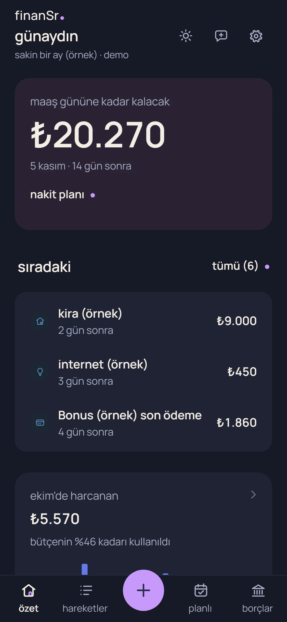 finanSr. summary screen with sample data: ₺20.270 left until payday, upcoming payments and this month's spending.
