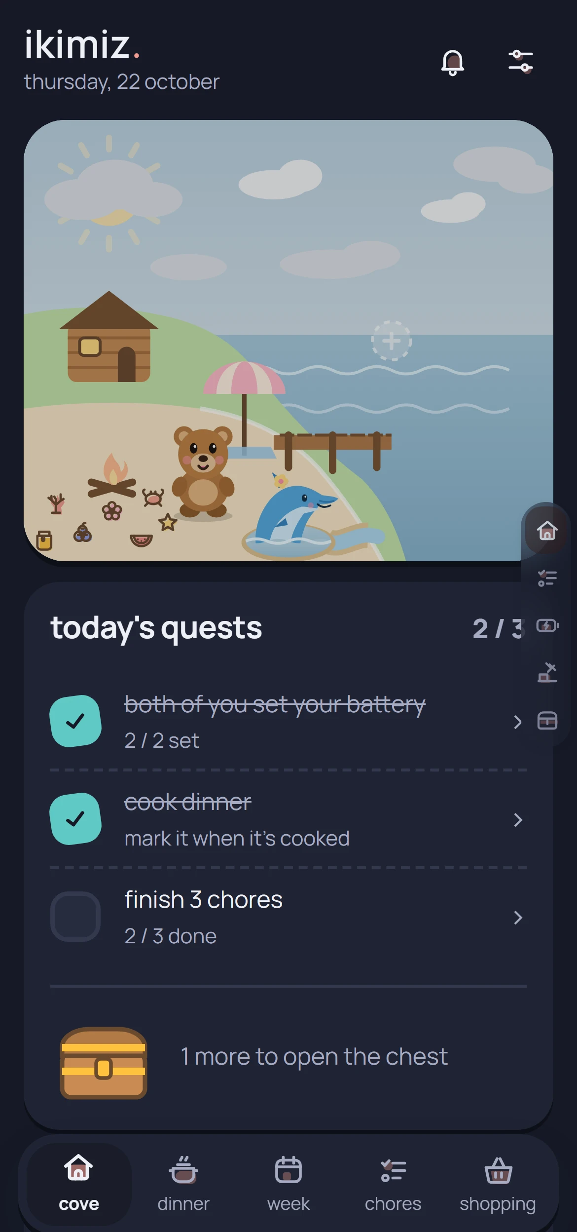 ikimiz's cove with sample data: a cabin, beach umbrella, campfire and dock built, chest finds on the sand, a bear and a dolphin, and today's quests two-thirds done.